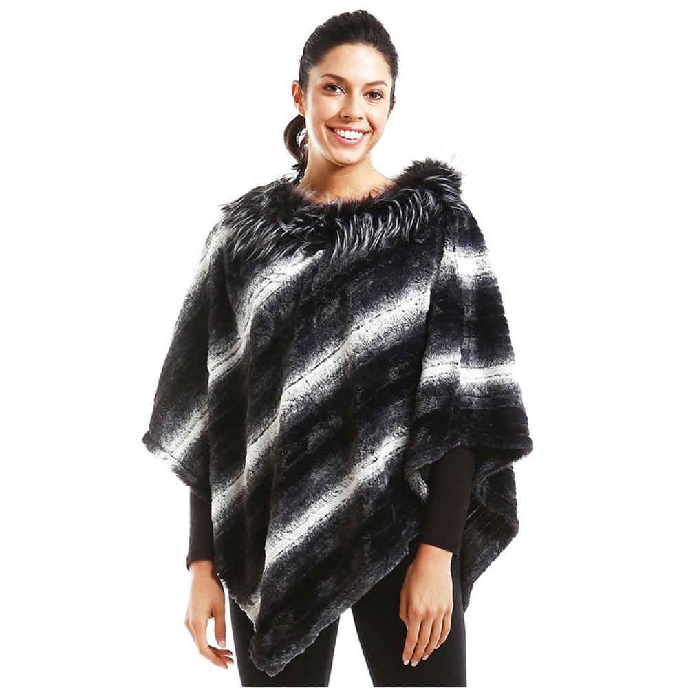 LOF Faux Fur Soft Striped Warm Winter Poncho